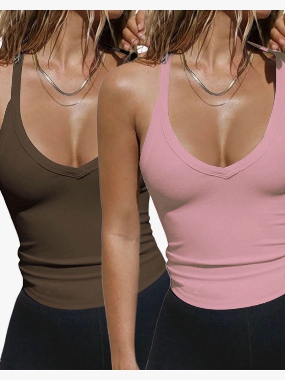 Ribbed V-Neck Tank Top - Pink & Brown